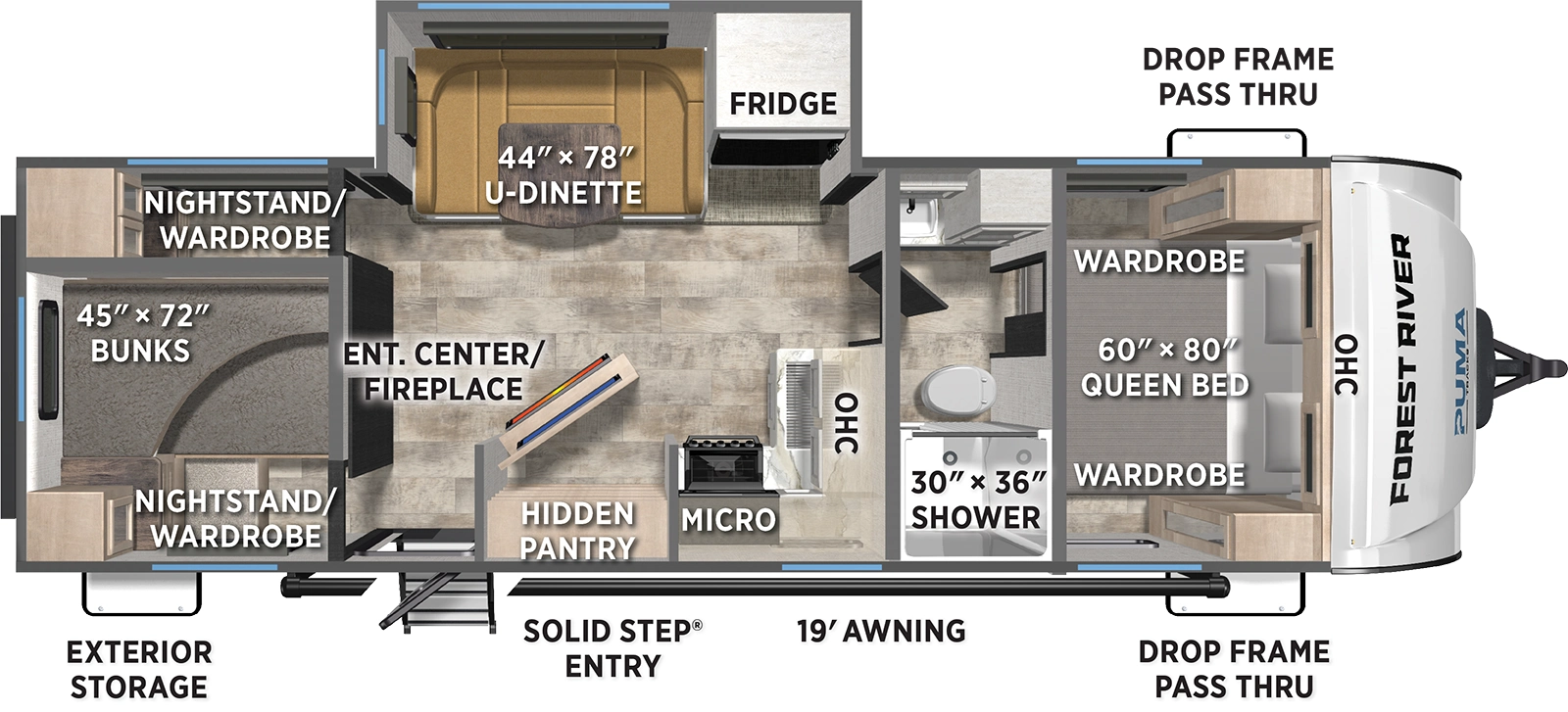 The Puma Tracks 2750BHS floorplan has one entry and one slide out. Exterior features include: fiberglass exterior and 19' awning. Interiors features include: bunk beds, u-dinette, front bedroom and pass through bathroom.